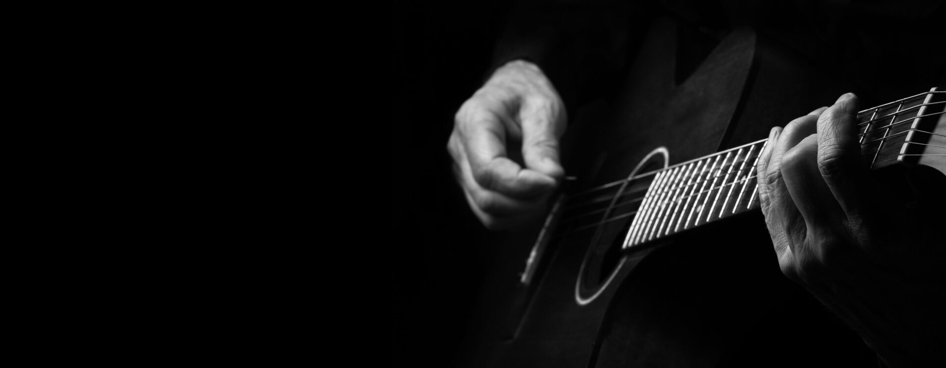 Playing an Acoustic Guitar. Guitarist hands and guitar close up. copy space